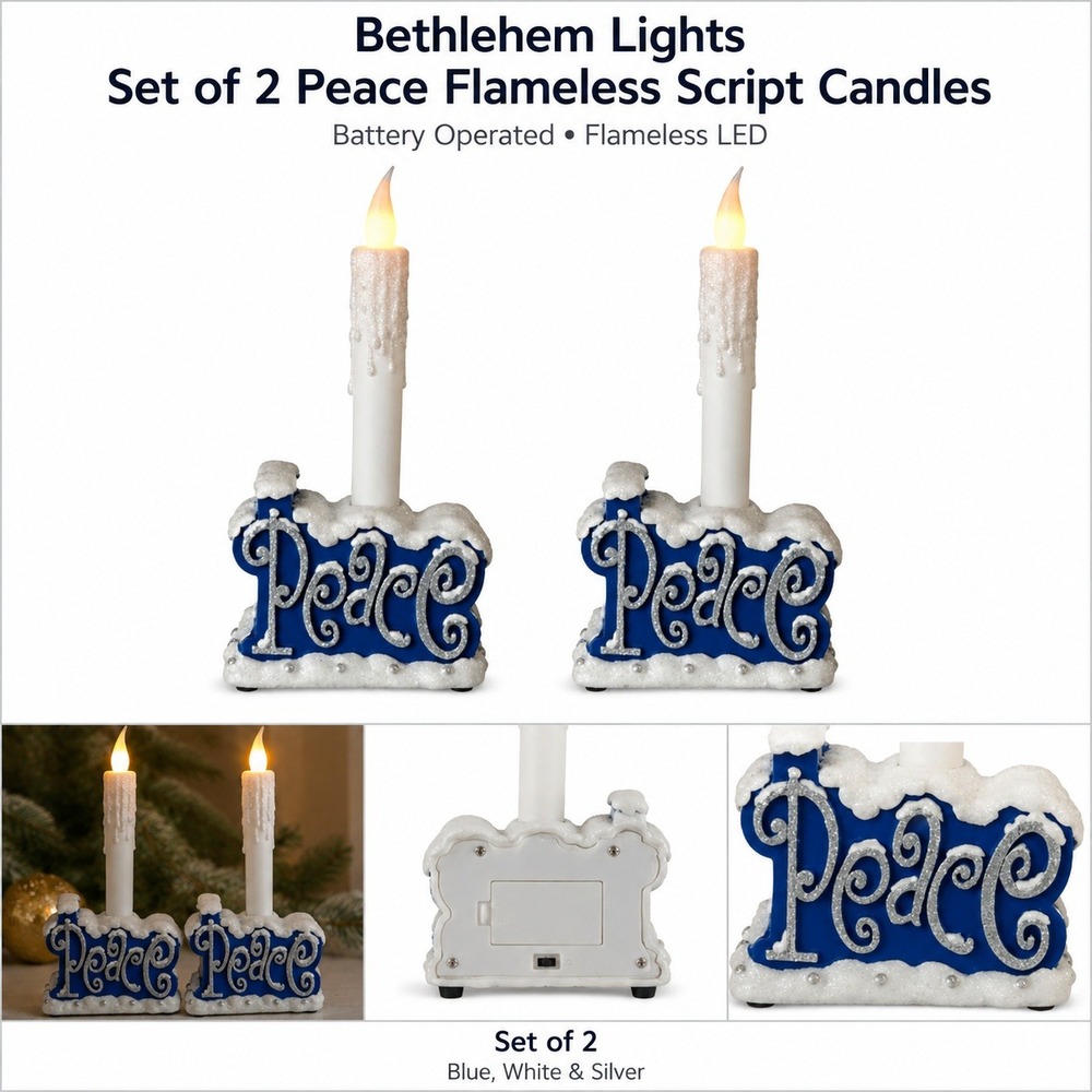 Bethlehem Lights Set‎ of 2 Peace Flameless LED Script Word Candles Blue H197895